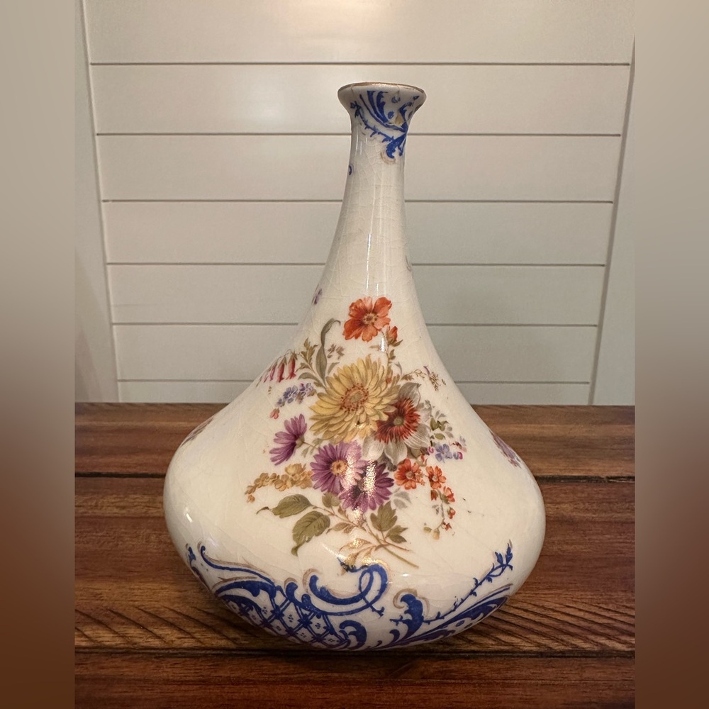 Floral Porcelain Decorative Vase - White with Blue Accents